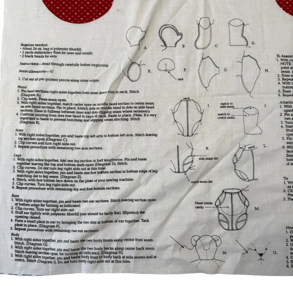 Vintage VIP Cranston Print Works Teddy Love Bear Fabric Panel DIY Sewing Kit Red